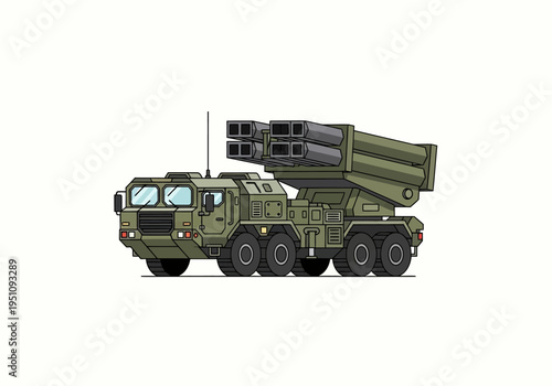 A modern vector illustration of a powerful multiple rocket launcher system, representing advanced military technology and strategic defense capabilities, ready for action