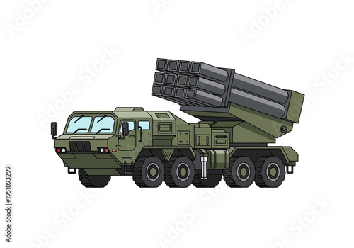 Robust military truck equipped with a formidable multi-rocket launcher system, engineered for strategic defense operations and ground-based tactical support