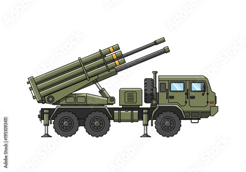 Military rocket launcher vehicle on a white background