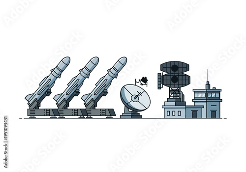 Military radar station and missile launchers with a satellite dish for defense and surveillance operations