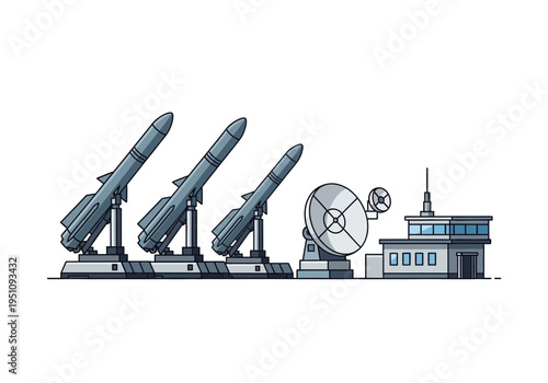 Modern military defense system with missile launchers, radar, and control building, representing strategic security and advanced technology for national protection