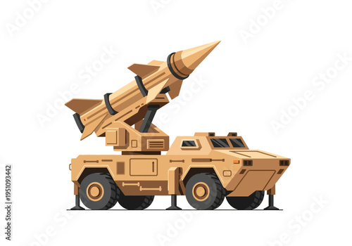 Mobile missile launcher vehicle with rocket, military defense system illustration