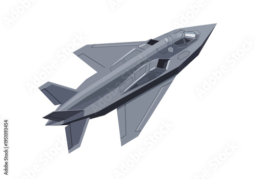 A sleek, modern stealth fighter jet with sharp angles and a futuristic design, viewed from below against a white background