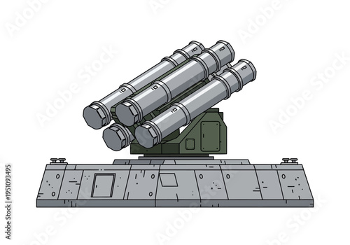 Detailed cartoon illustration of a mobile missile launcher with four formidable rockets, depicting a modern military defense system or weapon technology concept, isolated