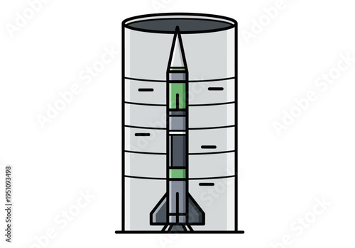 Detailed illustration of a grey and green rocket standing vertically inside a cylindrical launch silo, representing aerospace technology and strategic defense