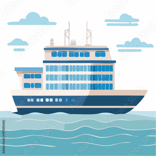 Large passenger ship sailing across a blue ocean with clouds in the sky