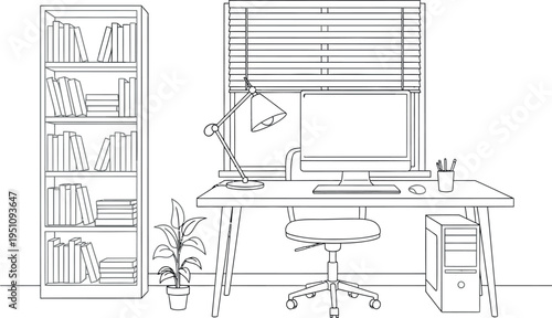 A minimalist line art illustration showcasing a modern home office interior with a well-organized desk setup, computer, chair, lamp, bookshelf, and plant for a productive workspace.