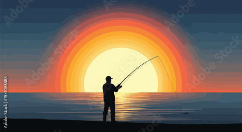 Vector silhouette of a man fishing at sunset