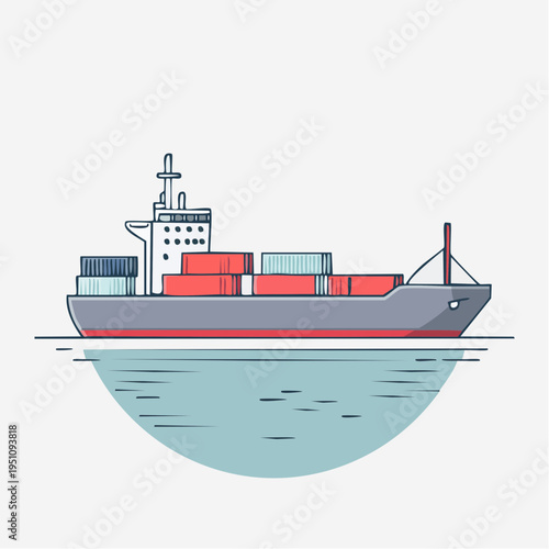 A stylized illustration of a modern cargo ship transporting freight containers across the ocean, symbolizing global commerce and logistics