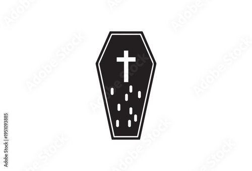Black coffin icon, white cross symbol, minimalist design, death and mourning vector graphic