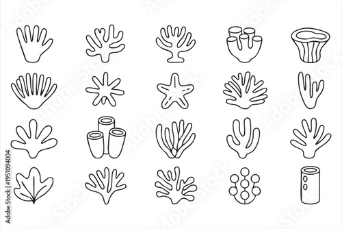 Ocean Coral Reef And Seaweed Vector Outline Icon Pack