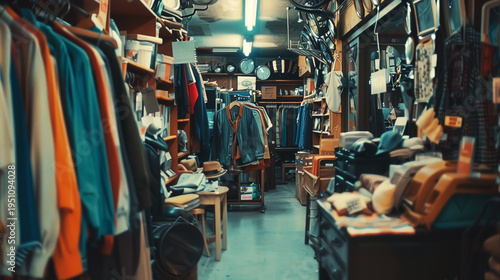 A cluttered vintage shop overflowing with clothing, hats, and various items creates a nostalgic atmosphere