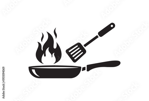 Black frying pan, spatula, and flames vector icon, cooking symbol, kitchen utensils, fire cooking