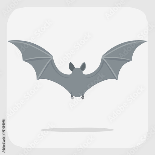 Stylized flat design illustration of a grey bat in flight with wide-spread wings, representing nocturnal wildlife