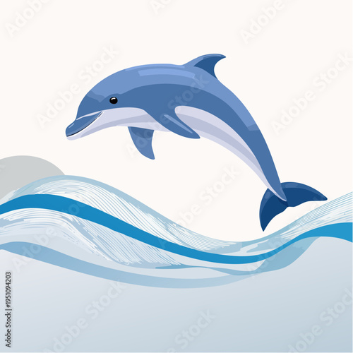 Jumping Dolphin illustration with blue ocean waves and white background