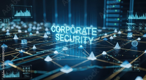 Abstract digital network with glowing nodes and lines, illustrating the concept of corporate security and data protection.