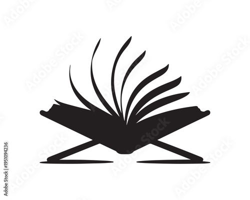Stylized black silhouette of an open book on a stand with pages fanning outwards, symbolizing knowledge and learning Keywords
