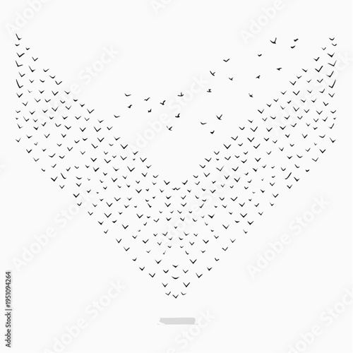 Abstract flock of birds forming a V shape on a white background, artistic concept