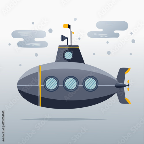 Illustration of a gray submarine navigating through cloudy skies