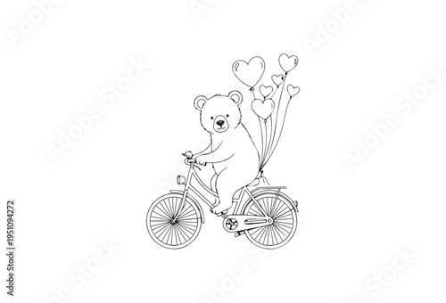 Cute bear, riding bicycle, with heart balloons, vector illustration