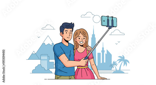 A couple takes a selfie with a selfie stick against a backdrop of city and mountains