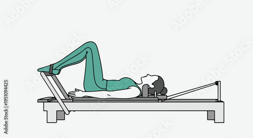 A simplified line drawing of a person doing a Pilates exercise on a reformer machine