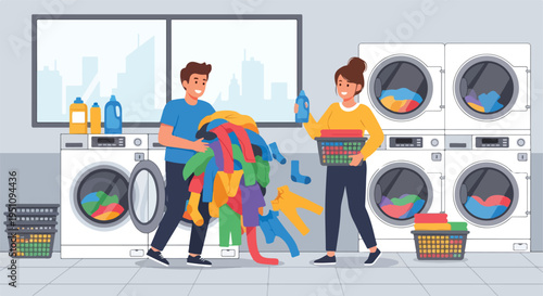 People doing laundry in a laundromat with multiple washing machines