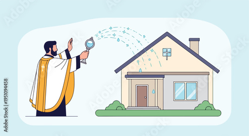 Clergy person blesses house with holy water sprinkling from a vessel