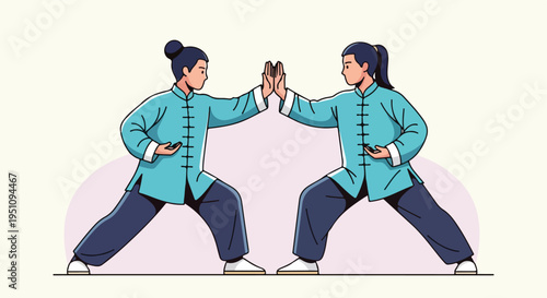 Two individuals in traditional attire practice a graceful martial art, reaching out