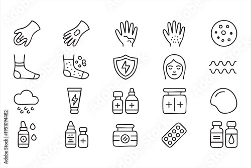 Skin Allergy Symptoms And Immune Protection Line Icon Set