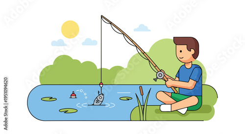 Flat illustration of a child fishing by a pond on a sunny day