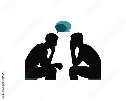 Two black silhouette figures sitting facing each other with a teal speech bubble above them symbolizing conversation or