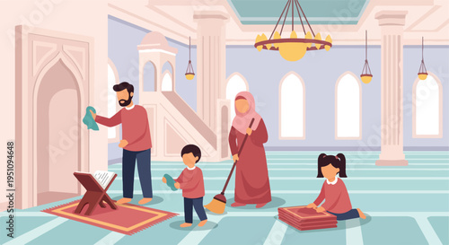 Family cleans and prepares prayer space in a mosque with Islamic art