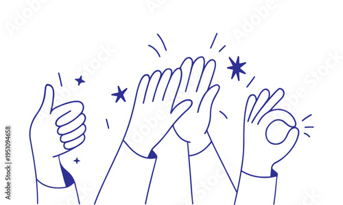 Outline Hand Gesture Illustration Set with Clapping, Thumbs Up and OK Sign, Minimal Line Art Vector for Branding, Poster, Logo and Teamwork Concept