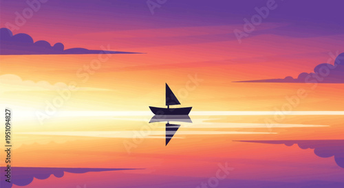 Vector illustration of a sailboat on calm water at sunset