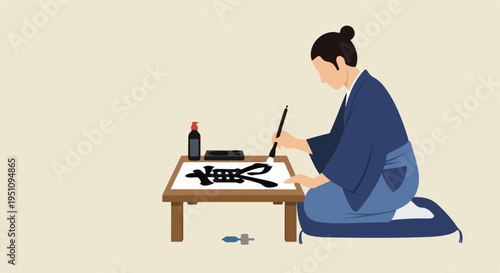 Person in traditional Japanese attire practices calligraphy on paper with ink