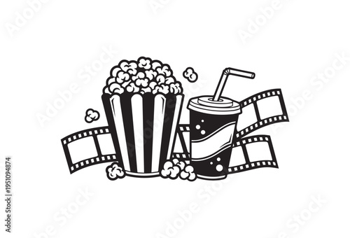 Cinema, movie night, popcorn bucket, soda cup, film strip icons, black and white vector illustration