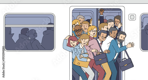 Overcrowded public transport, commuters packed together uncomfortably