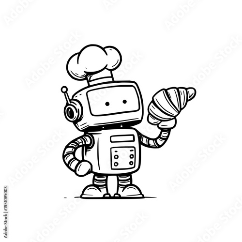 Robot chef holding croissant in simple line art style isolated on white background perfect for culinary and technology concepts
