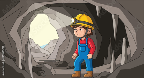 Cartoon child in a mining helmet and overalls explores a rocky cave