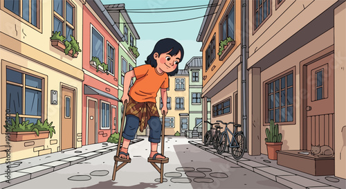 A child walks on stilts down a street lined with colorful buildings and parked bikes