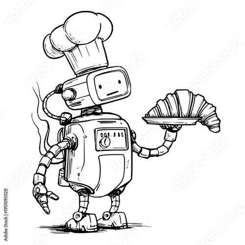 Robot chef holding croissant on tray black and white illustration mechanical baker with chef hat and mechanical arms