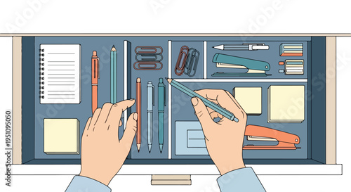 Hands organizing a desk drawer filled with stationery, pens, and paper