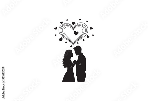 Romantic Couple Silhouette, Heart Love Vector Icon, Wedding Engagement Symbol, Black Illustration