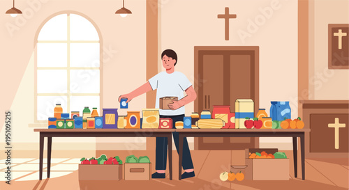 Man organizes food donations at a church, stocking shelves with canned goods and produce