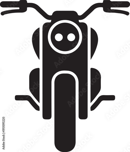 A sleek black and white icon of a motorcycle viewed from the front
