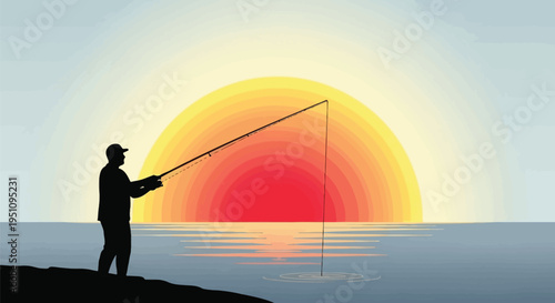 Vector illustration of man fishing at sunset