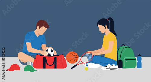 Two children packing sports equipment into bags for an activity