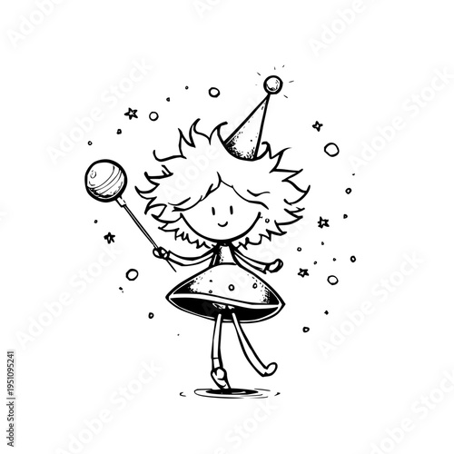 Whimsical black and white illustration of a smiling girl in a party hat holding a juggler's ball surrounded by stars and bubbles