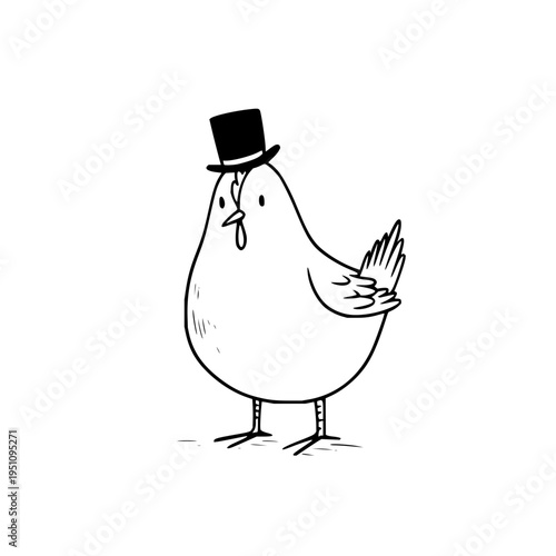 Elegant cartoon chicken with top hat standing alone with drooling expression simple black and white illustration isolated on white background cute and humorous animal character